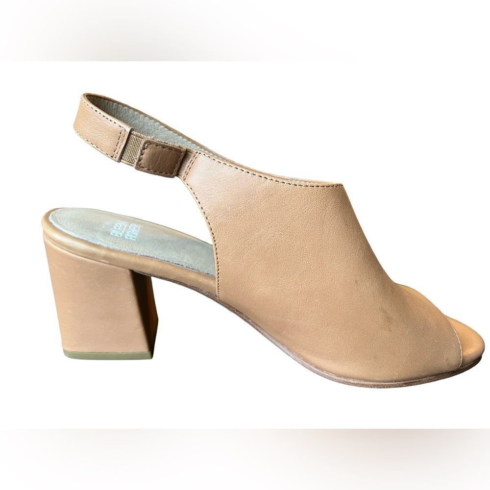 Eileen Fisher Bobbie Slingback Tan Leather Peep Toe Block Heel Sandals Size 8